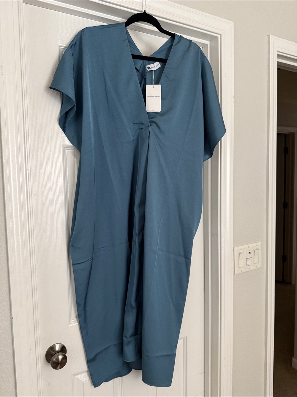 V-Neck Twist-Front Midi Dress in Dusty Blue